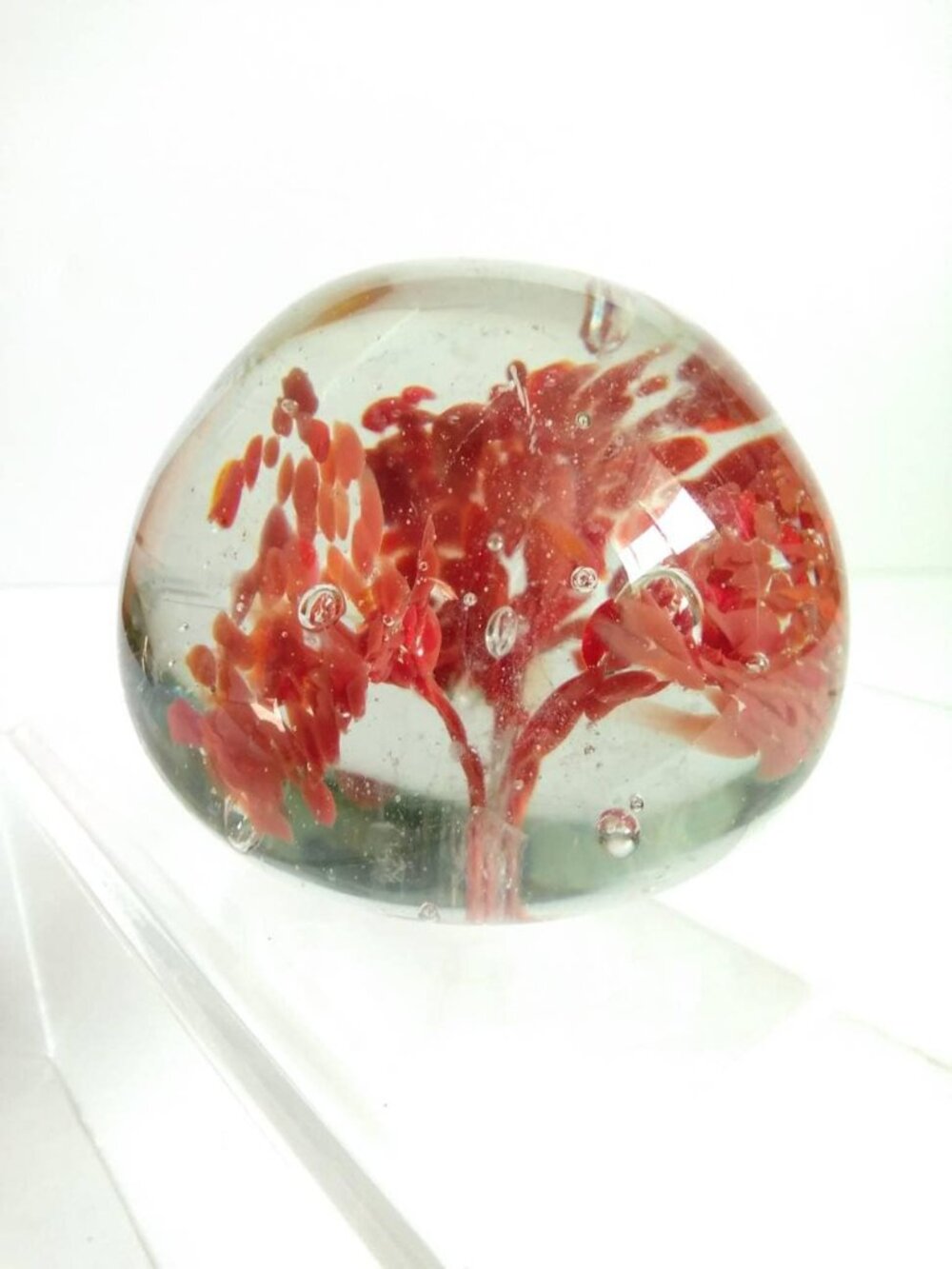 Vintage Lucite Red Floral Paperweight Ball, Office Desk Decor